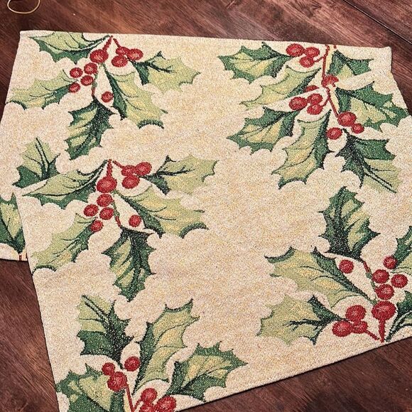 Set of 2 Christmas Holly Tapestry Table Placemats - Picture 3 of 13